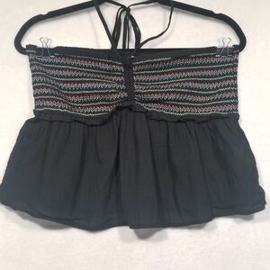 American Eagle Medium Smocked Peplum Hem Bandeau Crop Tube Top Black Multicolor